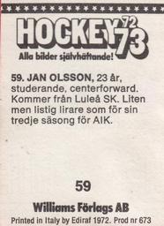 1972-73 Williams Hockey (Swedish) #59 Jan Olsson Back