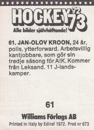 1972-73 Williams Hockey (Swedish) #61 Jan Olof Kroon Back