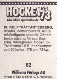1972-73 Williams Hockey (Swedish) #62 Rolf Edberg Back