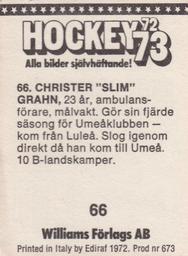 1972-73 Williams Hockey (Swedish) #66 Christer Grahn Back