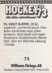 1972-73 Williams Hockey (Swedish) #74 Kent Bjork Back