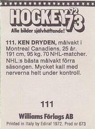 1972-73 Williams Hockey (Swedish) #111 Ken Dryden Back