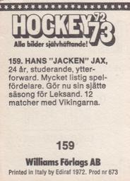 1972-73 Williams Hockey (Swedish) #159 Hans Jax Back