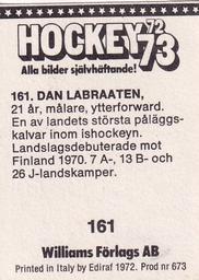 1972-73 Williams Hockey (Swedish) #161 Dan Labraaten Back