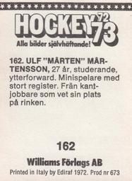 1972-73 Williams Hockey (Swedish) #162 Ulf Martensson Back