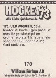 1972-73 Williams Hockey (Swedish) #170 Ulf Wigren Back