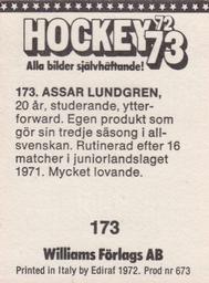 1972-73 Williams Hockey (Swedish) #173 Assar Lundgren Back