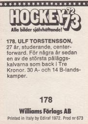 1972-73 Williams Hockey (Swedish) #178 Ulf Torstensson Back