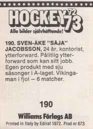 1972-73 Williams Hockey (Swedish) #190 Sven-Ake Jacobsson Back