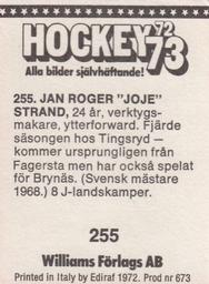 1972-73 Williams Hockey (Swedish) #255 Jan-Roger Strand Back