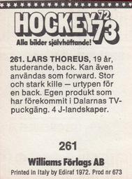 1972-73 Williams Hockey (Swedish) #261 Lars Thoreus Back