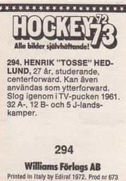 1972-73 Williams Hockey (Swedish) #294 Henrik Hedlund Back