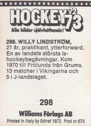 1972-73 Williams Hockey (Swedish) #298 Willy Lindstrom Back