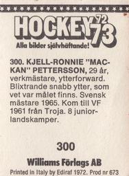 1972-73 Williams Hockey (Swedish) #300 Kjell-Ronnie Pettersson Back