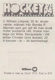 1973-74 Williams Hockey (Swedish) #2 William Löfqvist Back