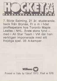 1973-74 Williams Hockey (Swedish) #7 Borje Salming Back
