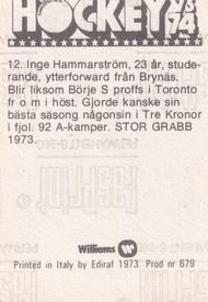 1973-74 Williams Hockey (Swedish) #12 Inge Hammarstrom Back