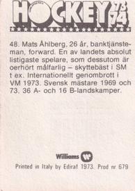 1973-74 Williams Hockey (Swedish) #48 Mats Ahlberg Back