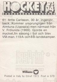 1973-74 Williams Hockey (Swedish) #61 Arne Carlsson Back