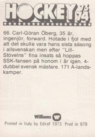 1973-74 Williams Hockey (Swedish) #66 Carl-Goran Oberg Back
