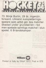 1973-74 Williams Hockey (Swedish) #73 Borje Burlin Back
