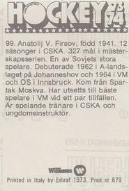 1973-74 Williams Hockey (Swedish) #99 Anatolij Firsov Back