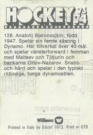1973-74 Williams Hockey (Swedish) #128 Anatolij Bjelonozjkin Back