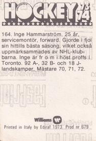 1973-74 Williams Hockey (Swedish) #164 Inge Hammarstrom Back