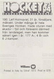 1973-74 Williams Hockey (Swedish) #190 Leif Holmqvist Back