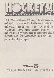1973-74 Williams Hockey (Swedish) #191 Bert Jattne Back