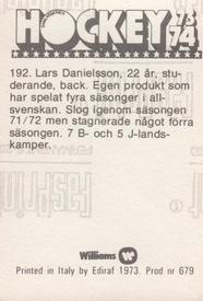 1973-74 Williams Hockey (Swedish) #192 Lars Danielsson Back