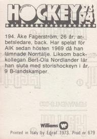 1973-74 Williams Hockey (Swedish) #194 Ake Fagerstrom Back