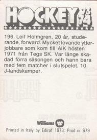 1973-74 Williams Hockey (Swedish) #196 Leif Holmgren Back