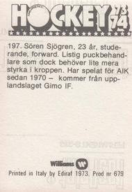 1973-74 Williams Hockey (Swedish) #197 Soren Sjogren Back