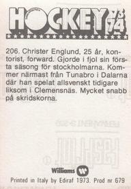 1973-74 Williams Hockey (Swedish) #206 Christer Englund Back