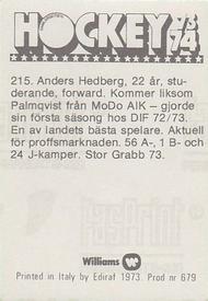 1973-74 Williams Hockey (Swedish) #215 Anders Hedberg Back