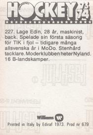 1973-74 Williams Hockey (Swedish) #227 Lage Edin Back