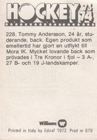 1973-74 Williams Hockey (Swedish) #228 Tommy Andersson Back