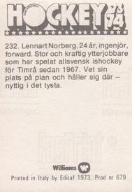 1973-74 Williams Hockey (Swedish) #232 Lennart Norberg Back