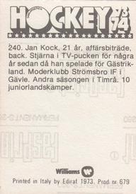 1973-74 Williams Hockey (Swedish) #240 Jan Kock Back