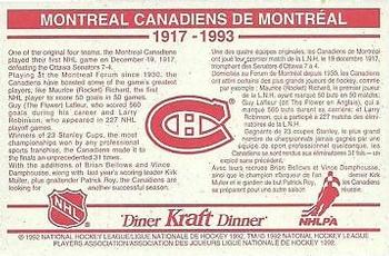 1992-93 Kraft - Kraft Dinner Teams #NNO Montreal Canadiens  Back