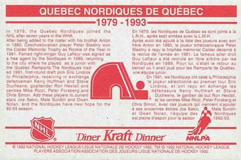 1992-93 Kraft - Kraft Dinner Teams #NNO Quebec Nordiques  Back