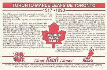 1992-93 Kraft - Kraft Dinner Teams #NNO Toronto Maple Leafs  Back