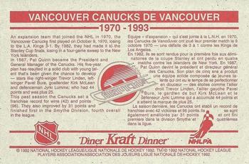 1992-93 Kraft - Kraft Dinner Teams #NNO Vancouver Canucks  Back