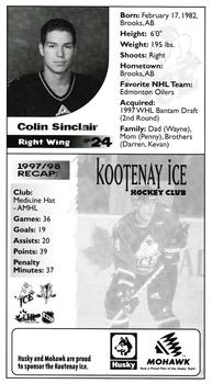 1998-99 Kootenay Ice (WHL) #20 Colin Sinclair Back
