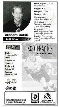 1998-99 Kootenay Ice (WHL) #22 Graham Belak Back