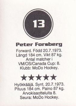 1993 Semic Hockey VM/Jaakiekon MM (Swedish/Finnish) Stickers #13 Peter Forsberg Back