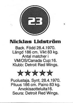 1993 Semic Hockey VM/Jaakiekon MM (Swedish/Finnish) Stickers #23 Nicklas Lidström Back