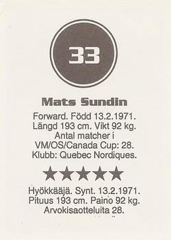 1993 Semic Hockey VM/Jaakiekon MM (Swedish/Finnish) Stickers #33 Mats Sundin Back