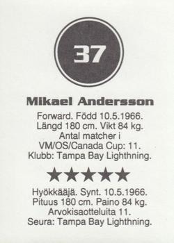 1993 Semic Hockey VM/Jaakiekon MM (Swedish/Finnish) Stickers #37 Mikael Andersson Back